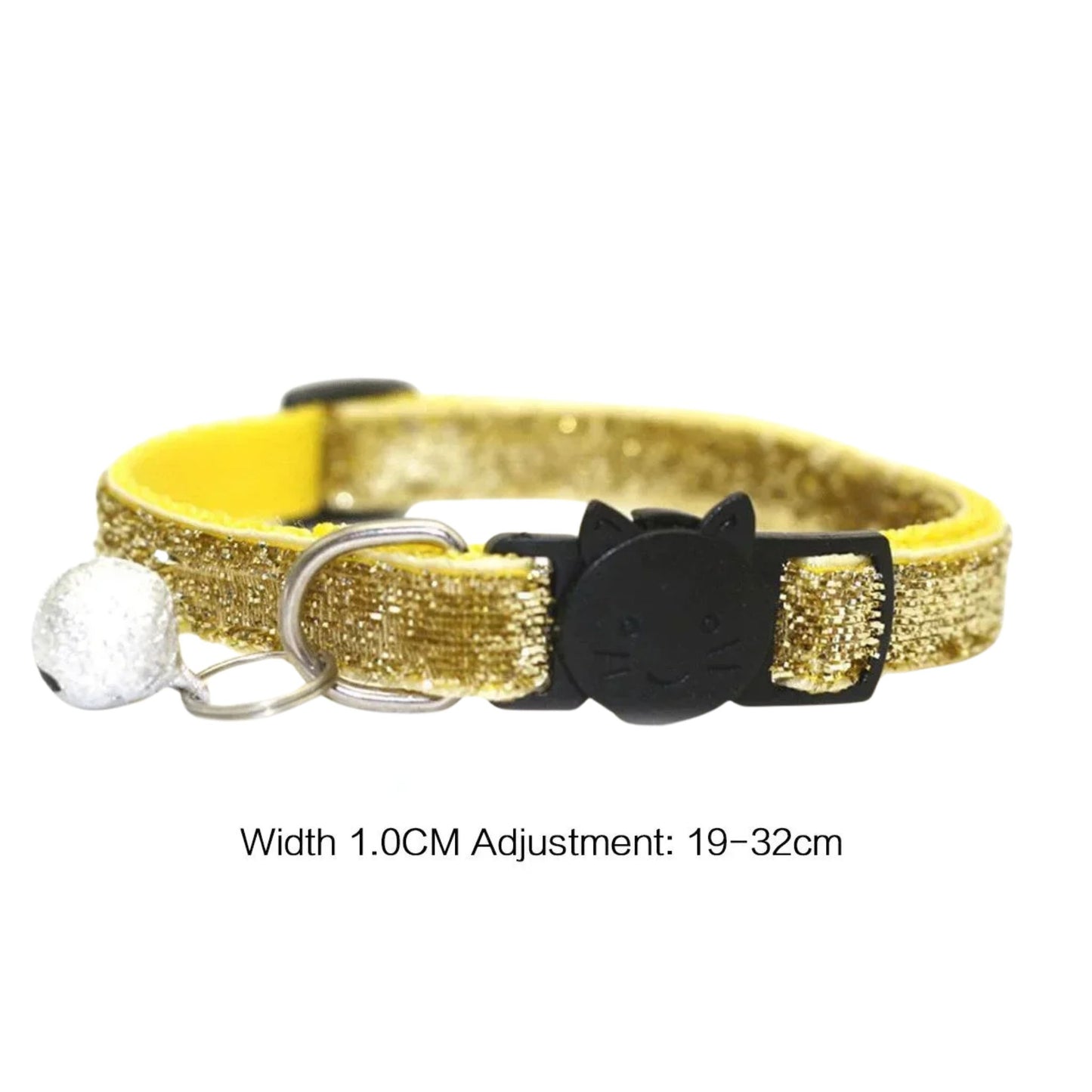 Yellow glitter cat collar with bell, cute cat face design, safety buckle, from TrendyPet's Zone for small pets.