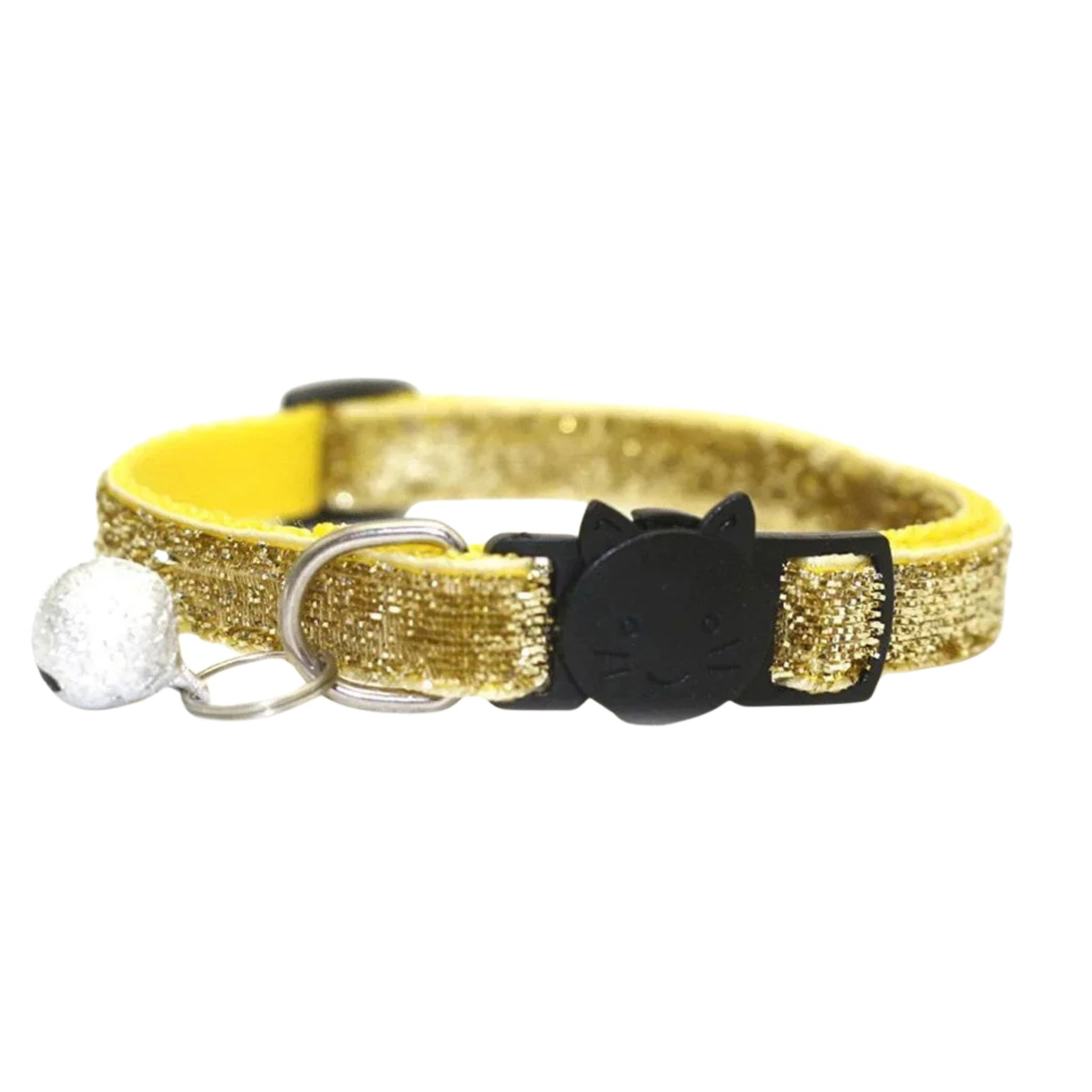 Yellow glitter cat collar with bell and cute face charm, safety buckle, by TrendyPet's Zone, for stylish and safe feline accessories.