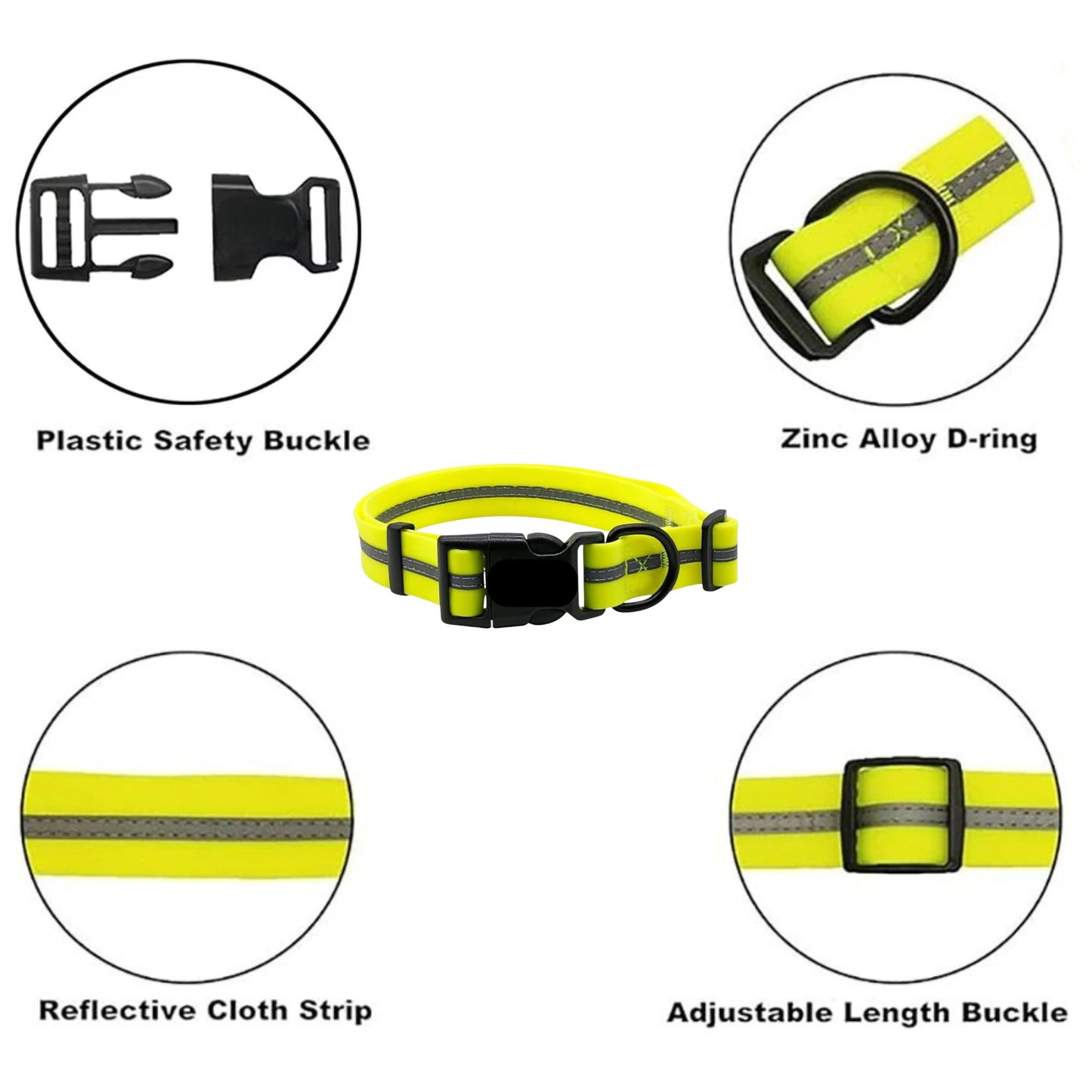 Yellow PVC dog collar with reflective stripe, anti-odor, and adjustable fit from TrendyPet's Zone.
