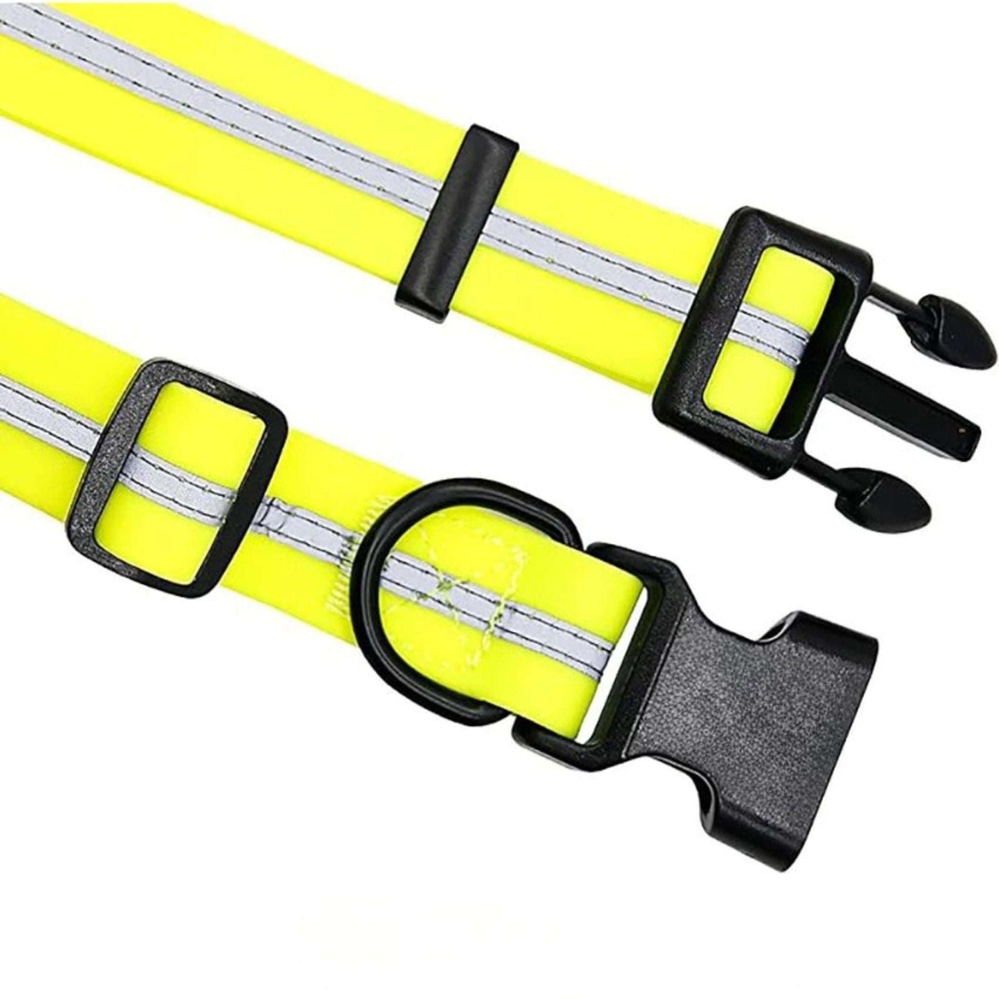 Yellow PVC dog collar with reflective stripe, anti-odor, adjustable, by TrendyPet's Zone, designed for pet safety and comfort.