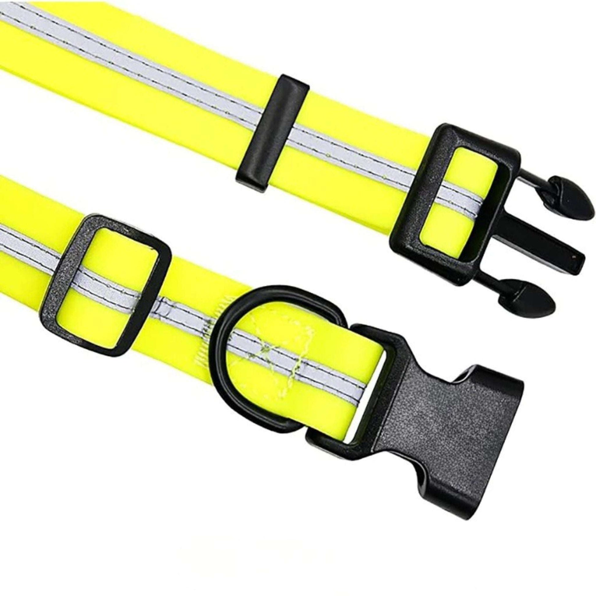 Yellow PVC dog collar with reflective stripe, anti-odor, adjustable, by TrendyPet's Zone, designed for pet safety and comfort.
