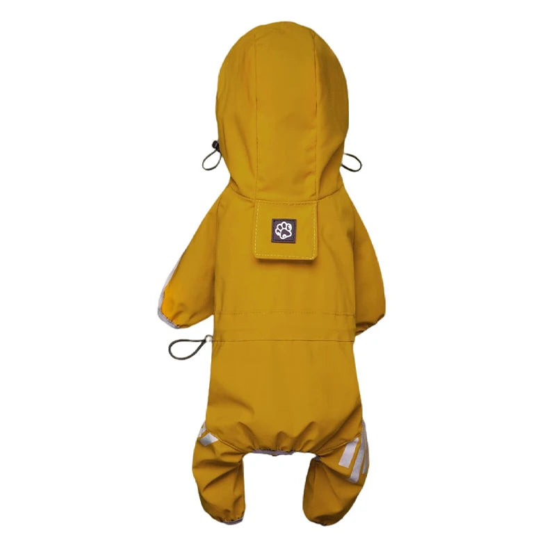 Yellow waterproof dog raincoat jumpsuit with reflective strips, stylish design by TrendyPet's Zone, ideal for rainy walks.