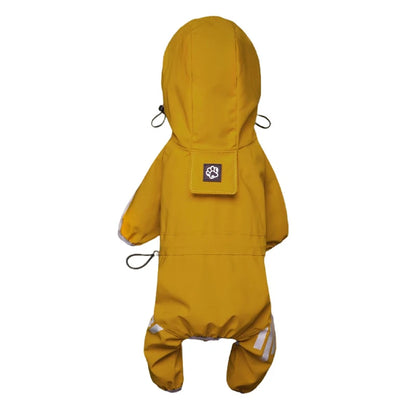 Yellow waterproof dog raincoat jumpsuit with reflective strips, stylish design by TrendyPet's Zone, ideal for rainy walks.