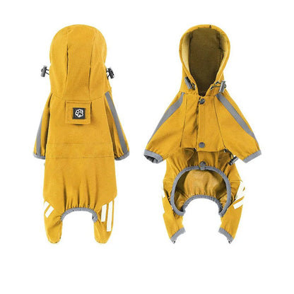 Yellow reflective waterproof dog raincoat jumpsuit by TrendyPet's Zone, designed for stylish protection during rainy walks.