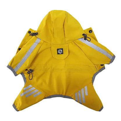 Yellow reflective waterproof dog raincoat jumpsuit from TrendyPet's Zone, designed for outdoor protection and style.