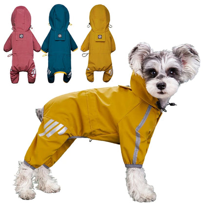 Yellow reflective waterproof dog raincoat stylish jumpsuit by TrendyPet's Zone, shown on a small dog ready for rainy weather.