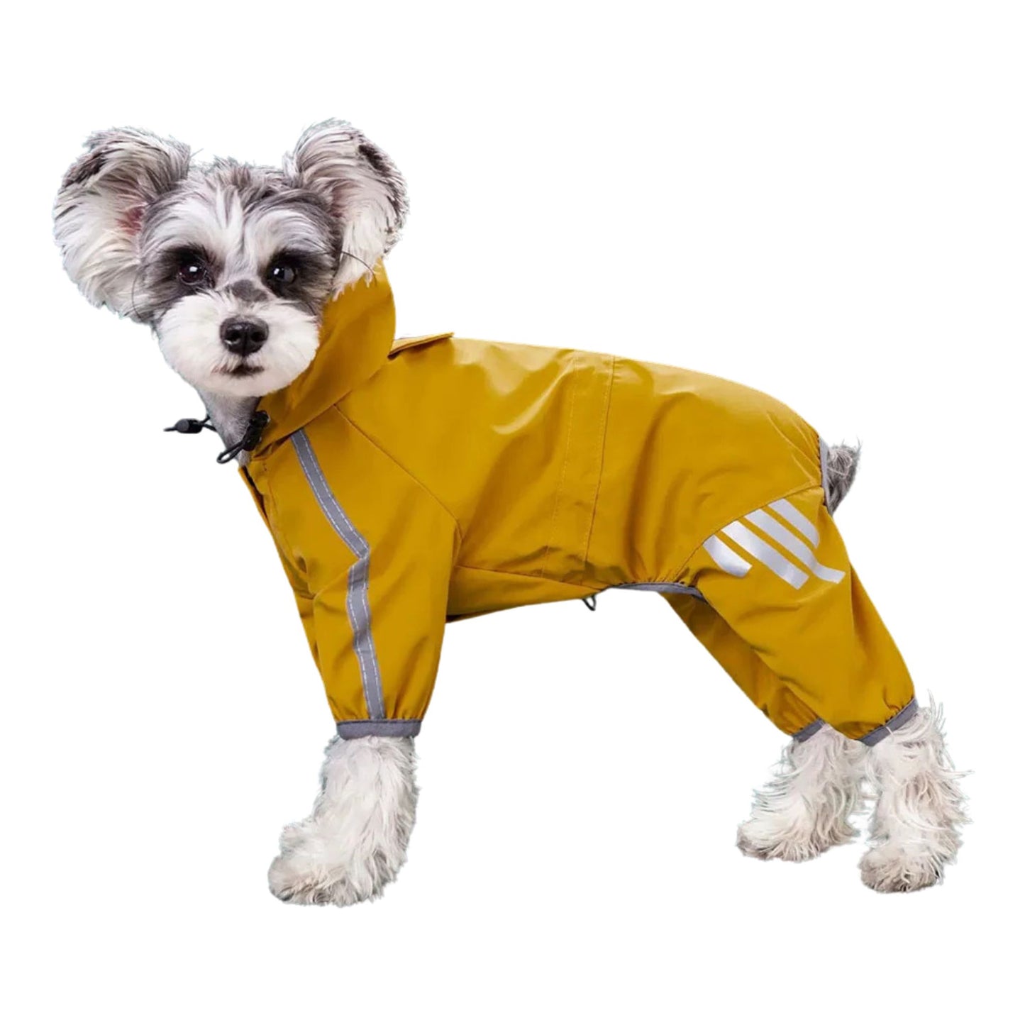 Yellow waterproof dog raincoat with reflective strips and stylish jumpsuit design for outdoor protection from TrendyPet's Zone