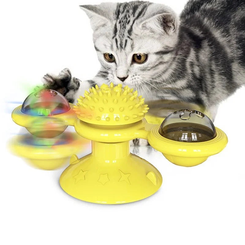 Yellow rotating windmill cat toy with LED lights and suction cup base, designed for interactive play by TrendyPet's Zone.