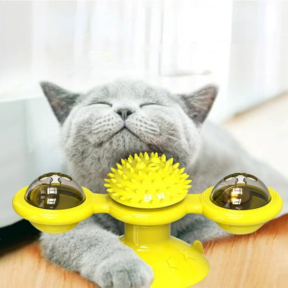 Yellow rotating windmill cat toy with LED lights and suction cup base, designed by TrendyPet's Zone for interactive feline play.