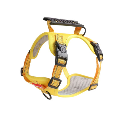 Yellow soft no-pull dog harness with adjustable straps and easy control handle by TrendyPet's Zone, designed for comfortable walking.