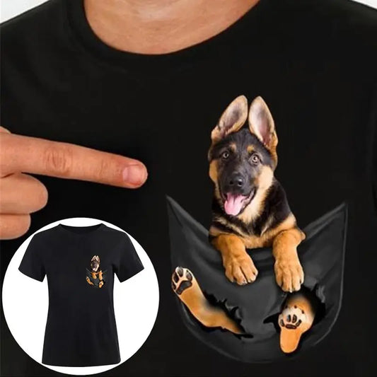Funny 3D Print Cute Dog Black Men/Women T-shirts German Shepherd Insid0e Pocket O-Neck Short Sleeve Couple Streetwear Tops TRENDYPET'S ZONE