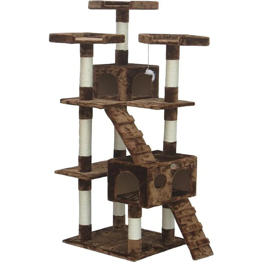 72" Brown Tall Extra Large Cat Tree Tower Condo House for Large Indoor Cats Play Scratch With Two Ladders