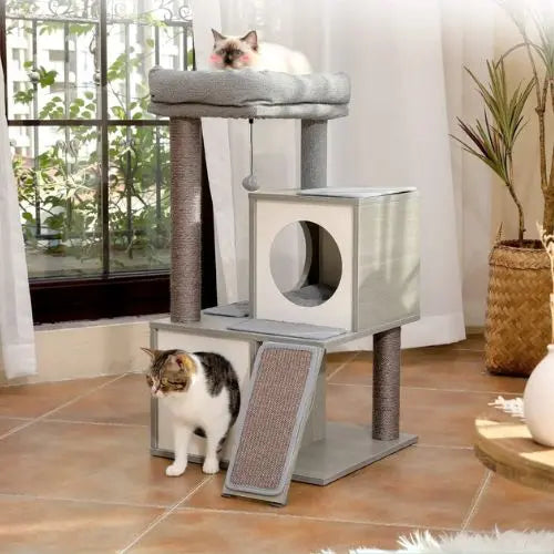 Wooden Grey 34" Cat Tower with Double Condos, Spacious Perch, Fully Wrapped Scratching Sisal Posts and Replaceable Dangling Balls TRENDYPET'S ZONE
